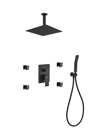 Must Have Kubebath Aqua Piazza 12" Matte Black Ceiling Mount Square 4 Body Jets and Handheld Rain Shower Set