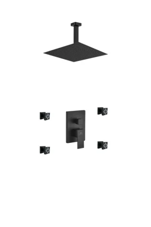 Instant Buy Kubebath Aqua Piazza 12" Matte Black Ceiling Mount Square Rain Shower and 4 Body Jets Set
