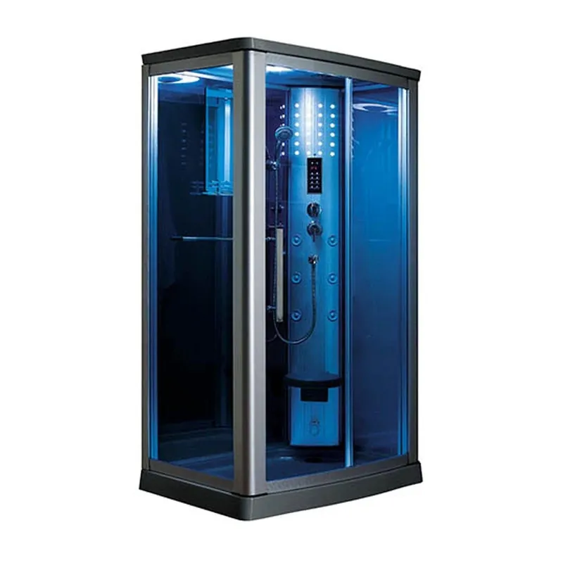 Modern Mesa 45" x 35" x 85" Blue Tempered Glass Freestanding Walk In Steam Shower With Right-Hand Control Panel Configuration, 3kW Steam Generator and 6-Acupuncture Water Body Jets