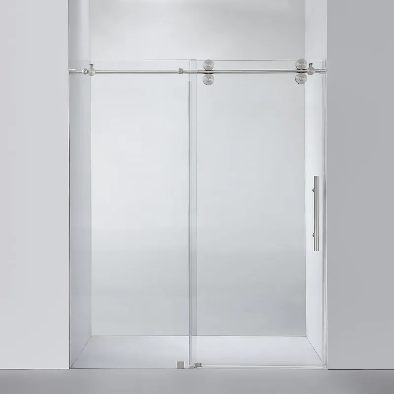 Fresh Stock Vinnova Villena 68" x 78" Brushed Nickel Single Sliding Frameless Shower Door