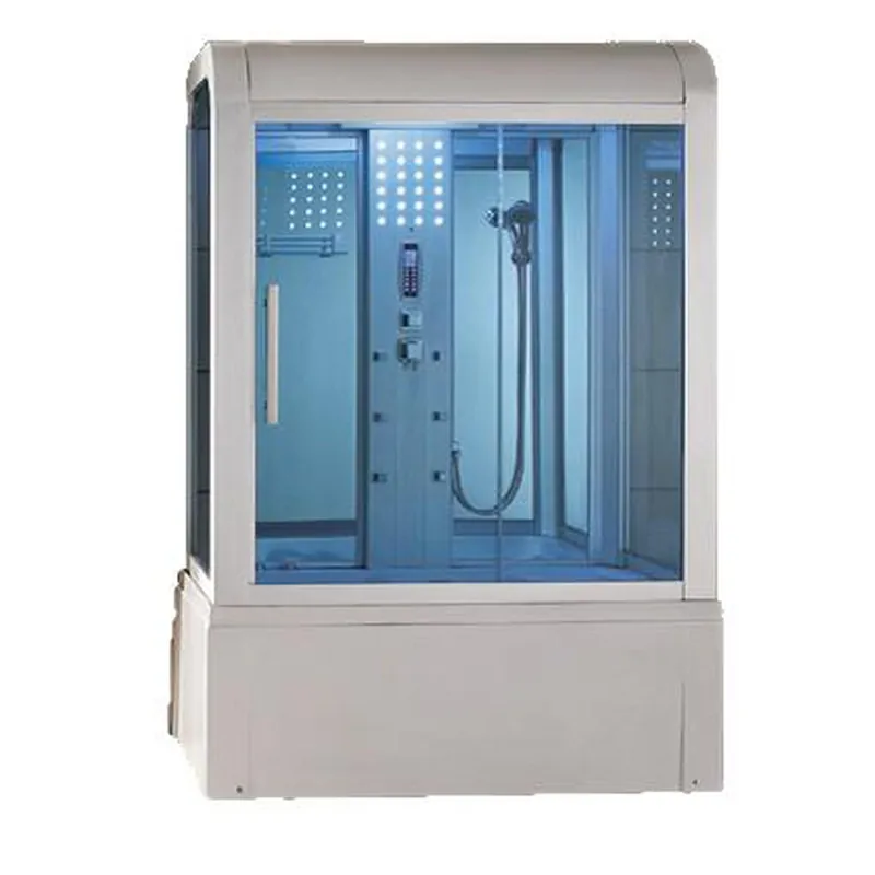 Mesa Yukon 60” x 33” x 87” Blue Tempered Glass White Exterior Freestanding Steam Shower Jetted Tub Combo With 3kW High Output Steam, 6-Acupuncture Body Jets and 6-Whirlpool Jets Original