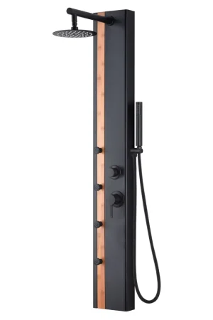 PULSE ShowerSpas Eclipse 57" Rain Shower Panel 1.8 GPM in Bamboo and Matte Black Finish With 4-Body Jet and Handheld Shower Express Delivery