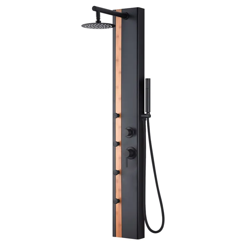 Mega Sale PULSE ShowerSpas Eclipse 57" Rain Shower Panel 2.5 GPM in Bamboo and Matte Black Finish With 4-Body Jet and Handheld Shower
