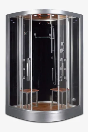 Platinum 47" x 47" x 89" Two-Person Black Framed Round Walk-In Steam Shower With Dual Sliding Doors 12 Massage Jets & LED Chromatherapy Lighting Fresh Stock