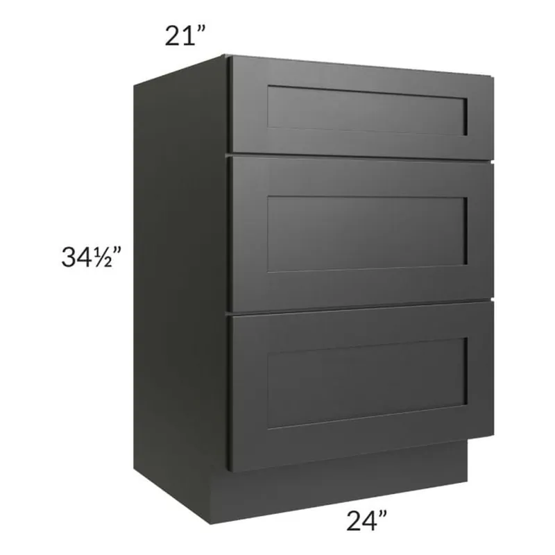 Best Seller RTA Onyx Black Shaker 24" Vanity Three Drawer Base Cabinet with 2 Decorative End Panels