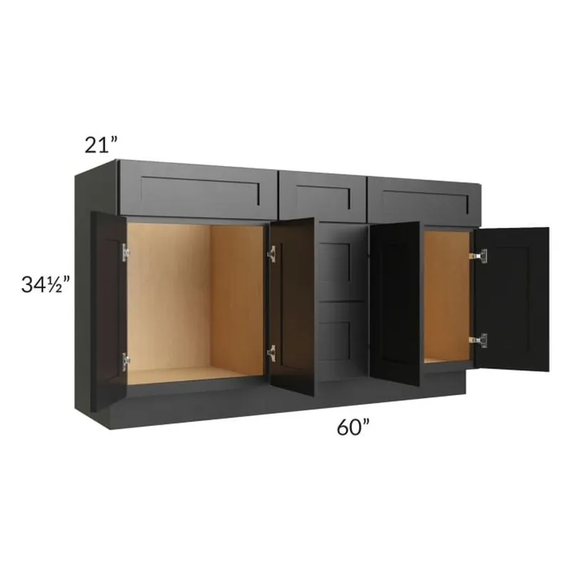 RTA Onyx Black Shaker 60" 3-Drawer 2-Set Door Vanity Sink Base Cabinet with 1 Decorative End Panel Money Back Guarantee