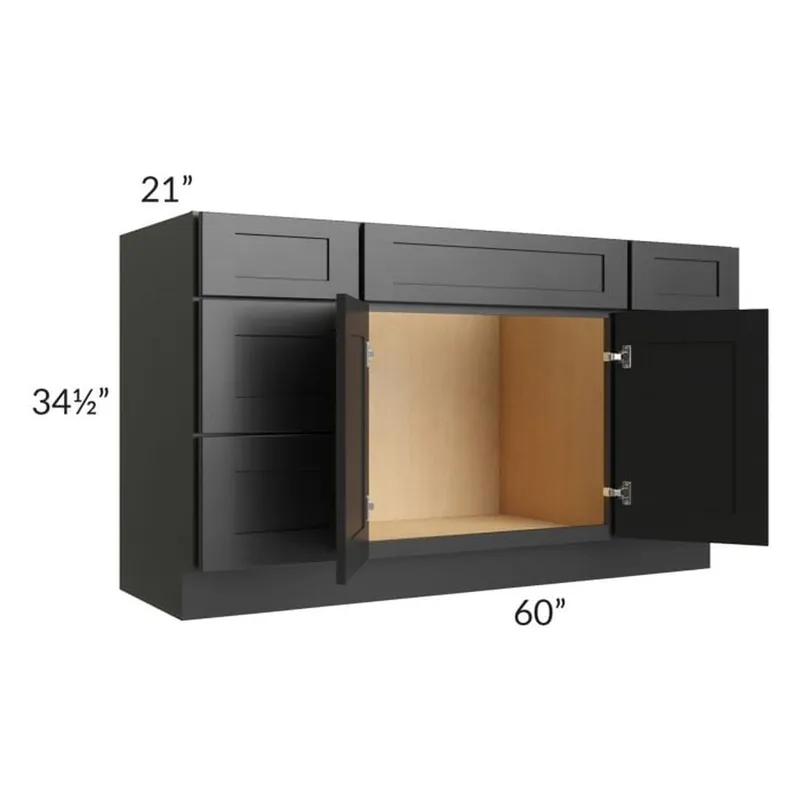 RTA Onyx Black Shaker 60" 6-Drawer 2-Door Vanity Sink Base Cabinet with 2 Decorative End Panels Hot Picks