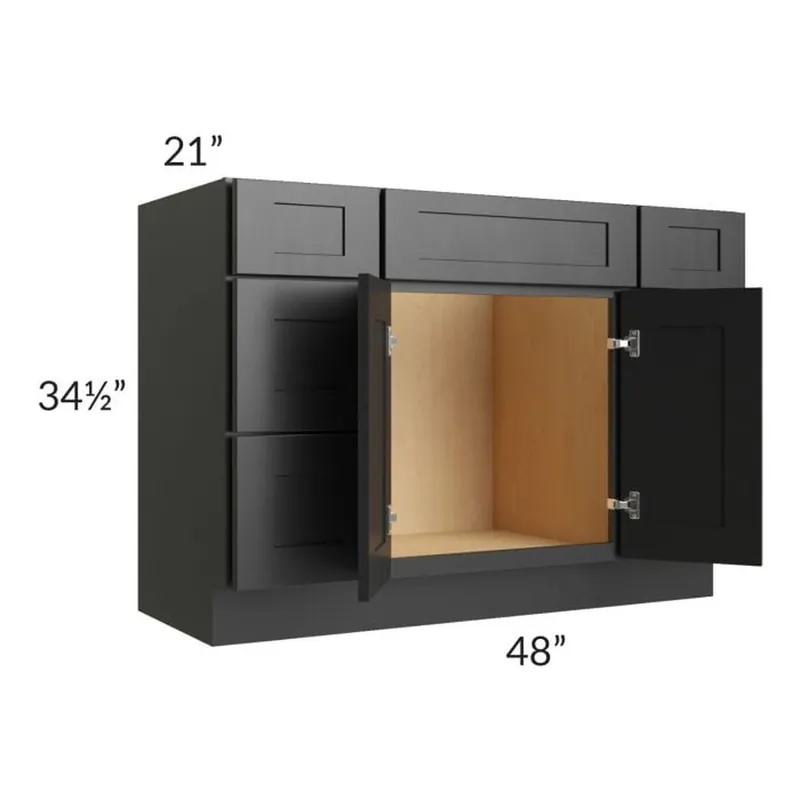 Viral RTA Onyx Black Shaker 48" Vanity Sink Base Cabinet with Drawers and 2 Decorative End Panels