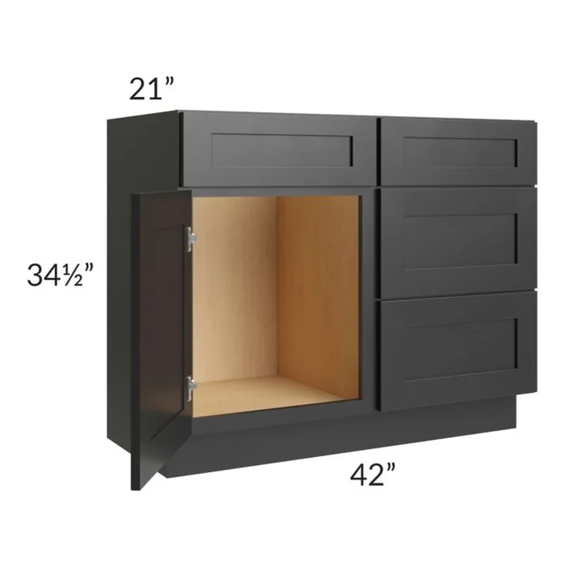 RTA Onyx Black Shaker 42" Vanity Sink Base Cabinet (Drawers on Right) with 1 Decorative End Panel Save Now