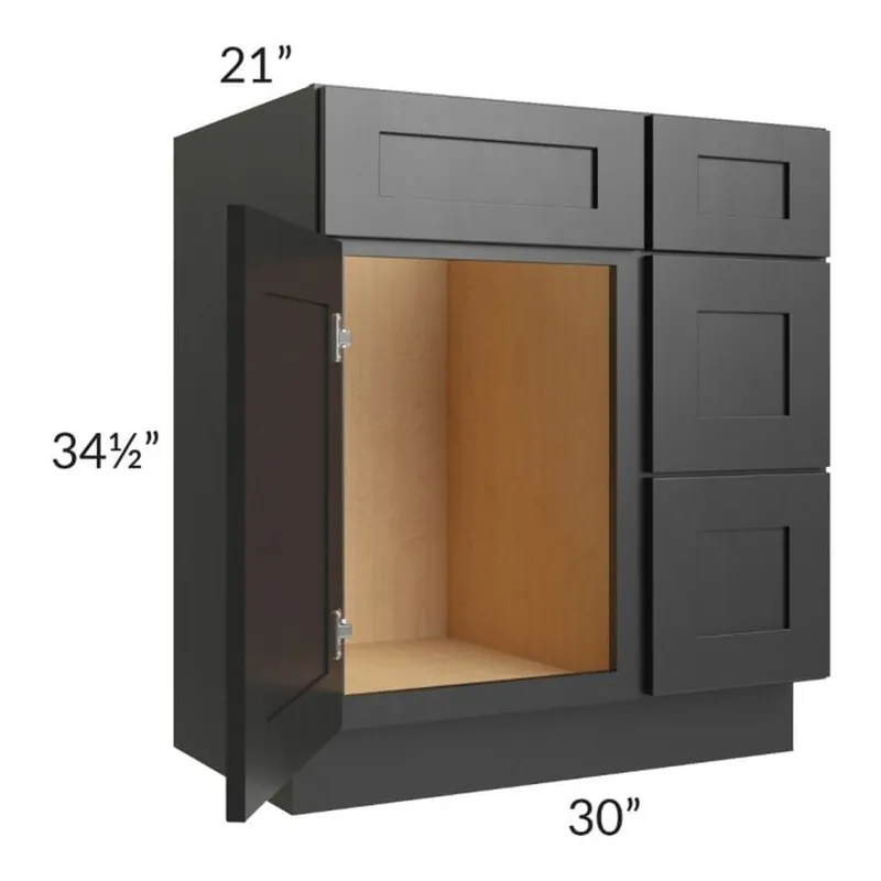 Hassle-Free Returns RTA Onyx Black Shaker 30" Vanity Sink Base Cabinet (Drawers on Right) with 2 Decorative End Panels