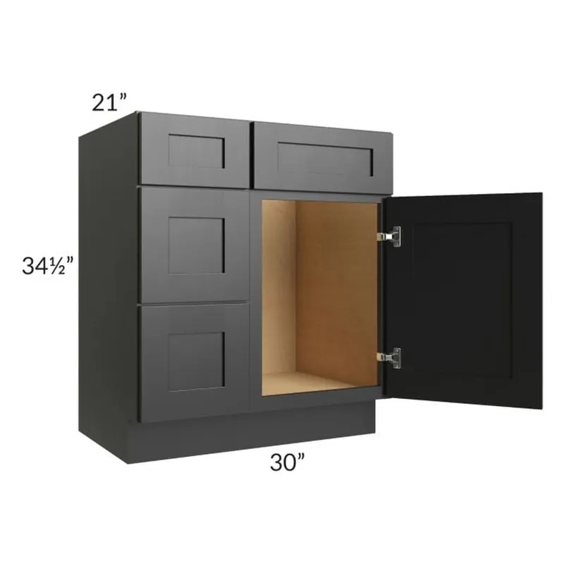RTA Onyx Black Shaker 30" Vanity Sink Base Cabinet (Drawers on Left) with 1 Decorative End Panel In Demand