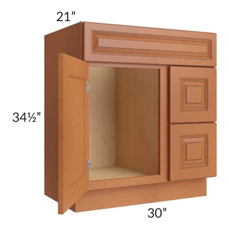 Affordable RTA Lexington Cinnamon Glaze 30" x 21" Vanity Sink Base Cabinet (Door on Left) with 1 Decorative End Panel