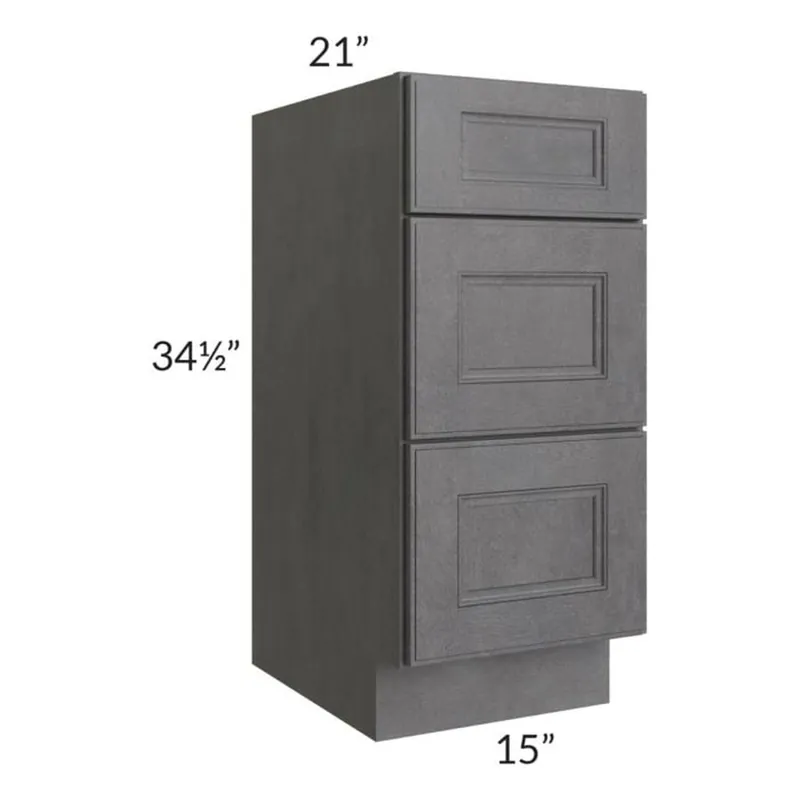Premium RTA Stone Grey 15" Vanity Three Drawer Base Cabinet with 2 Decorative End Panels