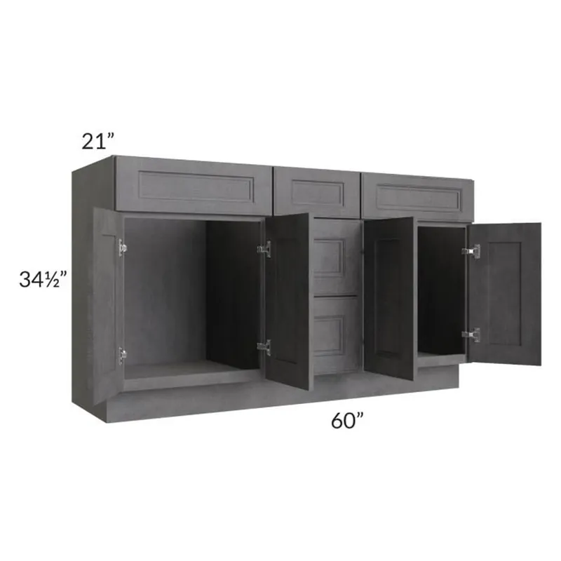 Price Cut RTA Stone Grey 60" 3-Drawer Vanity Sink Base Cabinet with Drawers with 2 Decorative End Panels
