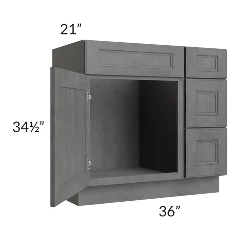 RTA Stone Grey 36" Vanity Sink Base Cabinet (Drawers on Right) with 1 Decorative End Panel Hassle-Free Returns
