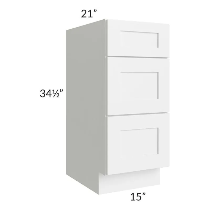 RTA Frosted White Shaker 15" Vanity Three Drawer Base Cabinet with 1 Decorative End Panel Fan Favorite