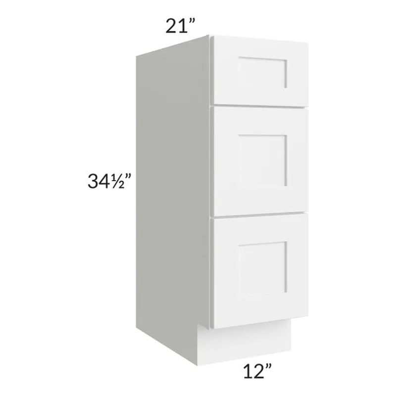 Reduced Price RTA Frosted White Shaker 12" Vanity Three Drawer Base Cabinet