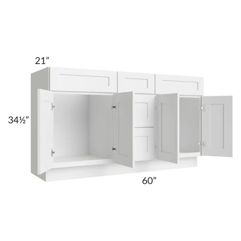 RTA Frosted White Shaker 60" Vanity Sink Base Cabinet with 3 Drawers and 1 Decorative End Panel Worldwide Shipping