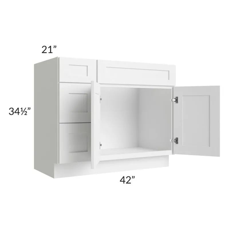 Crafted RTA Frosted White Shaker 42" Vanity Sink Base Cabinet (Drawers on Left) with 2 Decorative End Panels