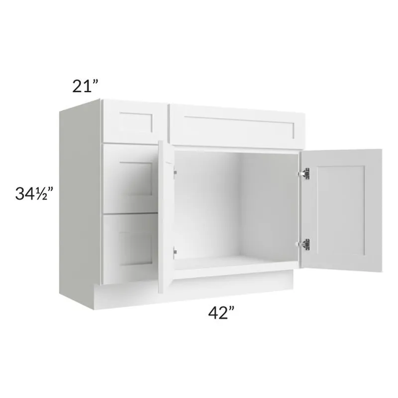 RTA Frosted White Shaker 42" Vanity Sink Base Cabinet (Drawers on Left) with 1 Decorative End Panel Editor’s Pick