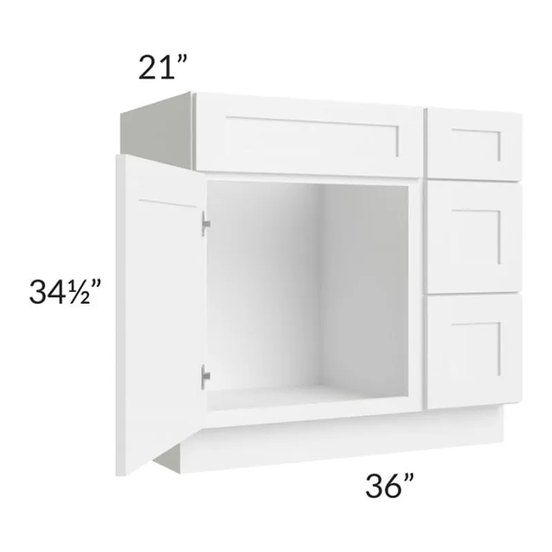 RTA Frosted White Shaker 36" Vanity Sink Base Cabinet (Drawers on Right) with 1 Decorative End Panel Markdown