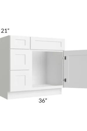Bargain RTA Frosted White Shaker 36" Vanity Sink Base Cabinet (Drawers on Left) with 1 Decorative End Panel