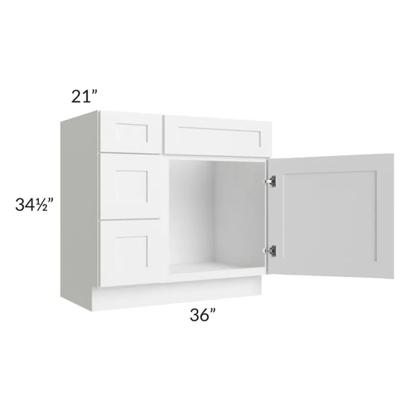 Bargain RTA Frosted White Shaker 36" Vanity Sink Base Cabinet (Drawers on Left) with 1 Decorative End Panel