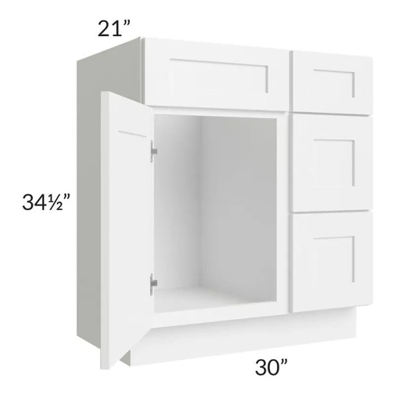 RTA Frosted White Shaker 30" Vanity Sink Base Cabinet (Drawers on Right) with 1 Decorative End Panel Editor’s Pick