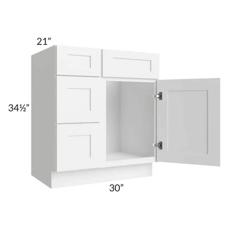Clearance RTA Frosted White Shaker 30" Vanity Sink Base Cabinet (Drawers on Left)
