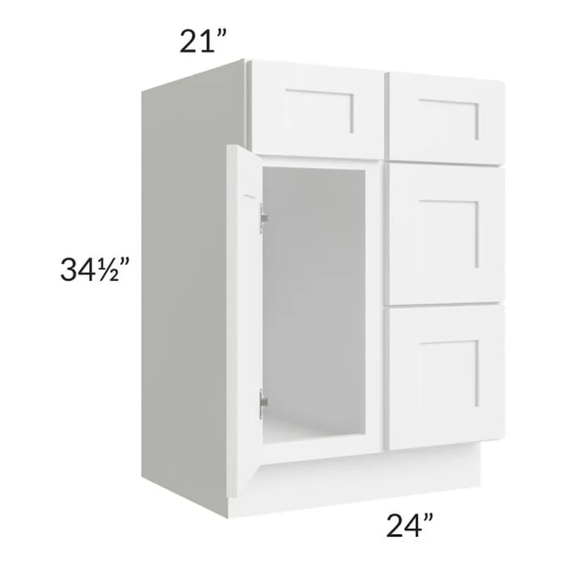 RTA Frosted White Shaker 24" Vanity Sink Base Cabinet (Drawers on Right) with 1 Decorative End Panel In Demand