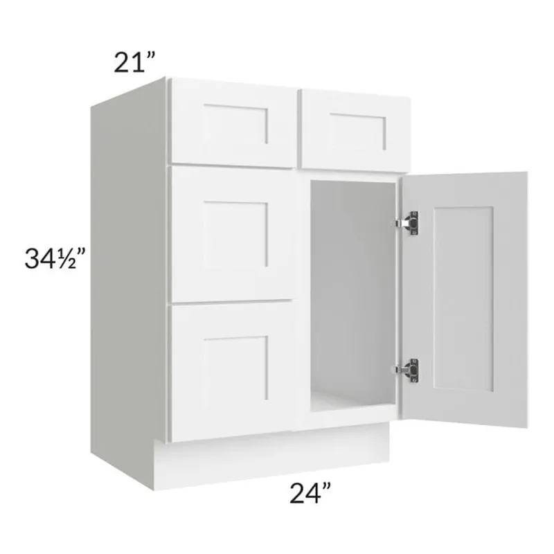 RTA Frosted White Shaker 24" Vanity Sink Base Cabinet (Drawers on Left) with 1 Decorative End Panel Hassle-Free Returns