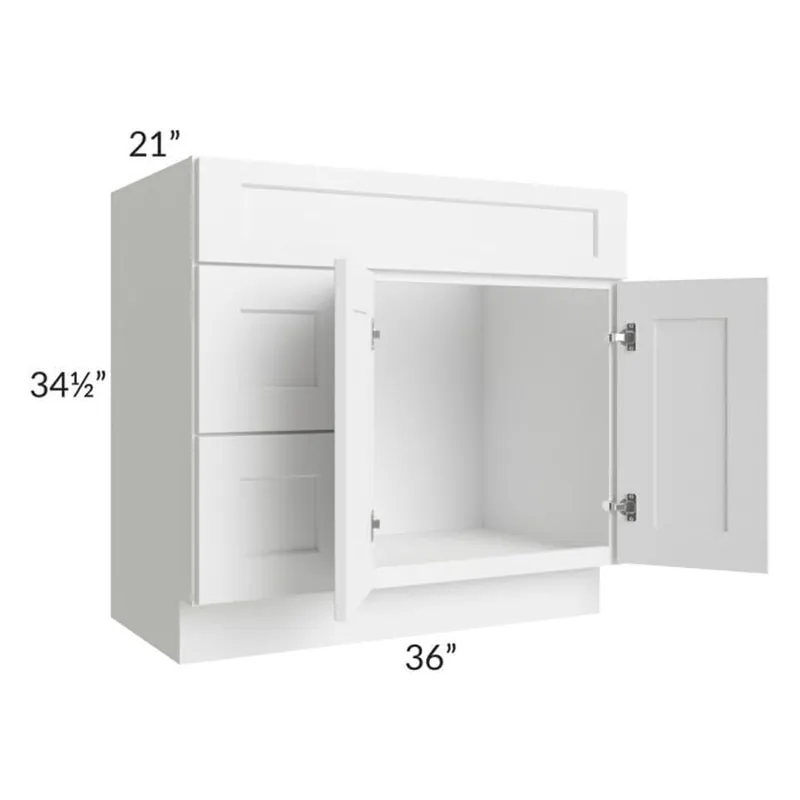 Fresh Stock RTA Aspen White Shaker 36" Bathroom Vanity With 2 Doors On The Right
