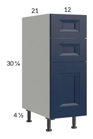 Worldwide Shipping RTA Harbor Navy 12" 3-Drawer Vanity Base Cabinet with 1 Finished End Panel