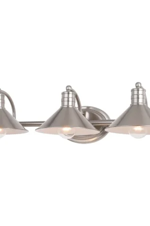 Shop Now Vaxcel Akron 28" 3-Light Satin Nickel and Matte White Vanity Light with Metal Shade