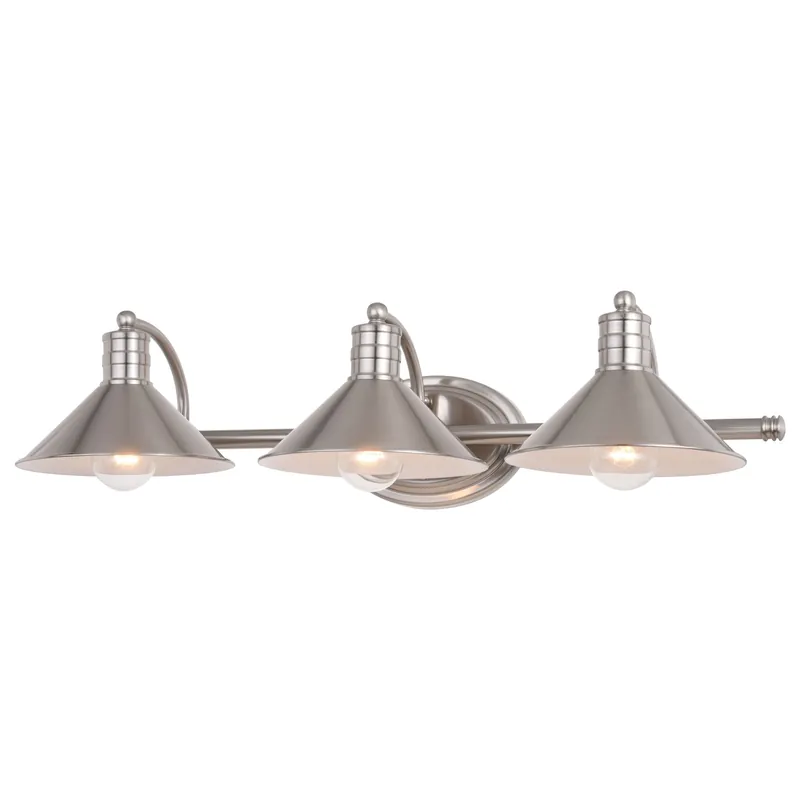 Shop Now Vaxcel Akron 28" 3-Light Satin Nickel and Matte White Vanity Light with Metal Shade