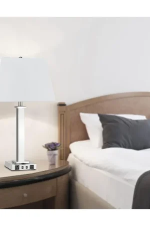 100W Metal Night Stand Lamp With 2 Usb And 2 Power Outlets, On Off Rocker Base Switch, La60003Tb9Rbs By Cal Lighting - Brushed Steel Price Cut