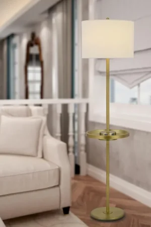 150W 3 Way Crofton Metal Floor Lamp With Centered Metal Tray Table With 2 Usb Charging Ports And Weighted Metal Base, Antique Brass By Cal Lighting - Antique brass Best Choice