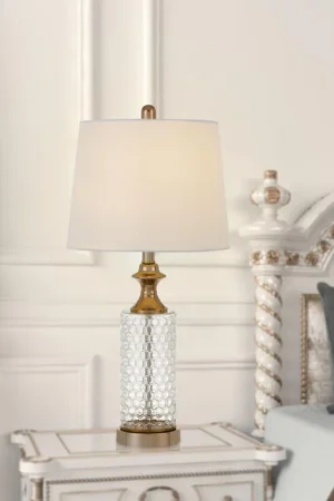 100W Breda Glass Table Lamp With Taper Drum Hardback Fabric Shade (Pri Limited Offer