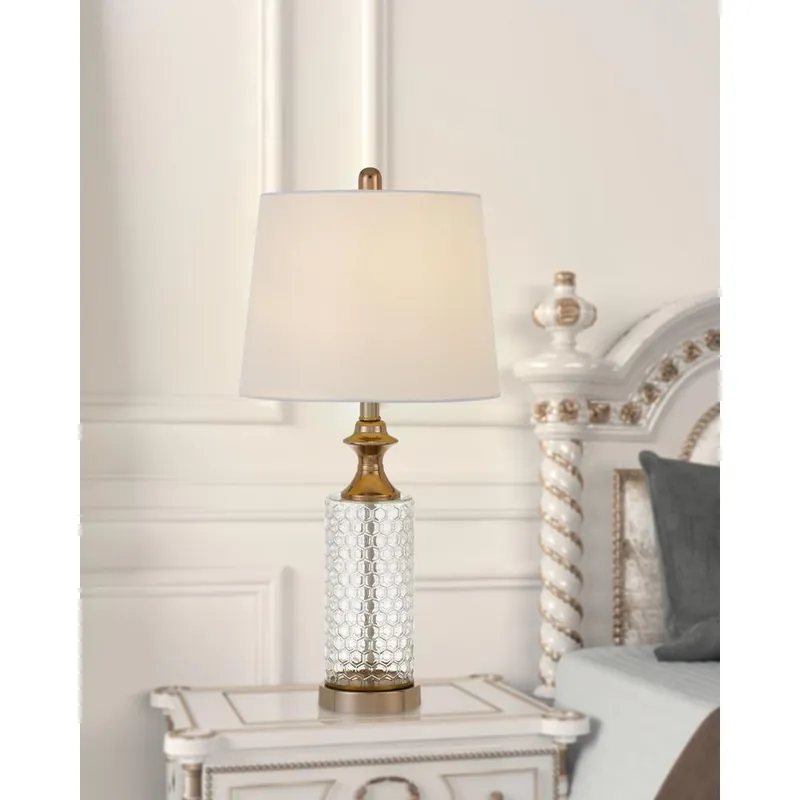 100W Breda Glass Table Lamp With Taper Drum Hardback Fabric Shade (Pri Limited Offer