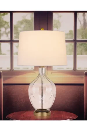 150W 3 Way Bancroft Glass Table Lamp With Hardback Taper Drum Fabric Shade, Clear/Antique Brass By Cal Lighting - Clear/Antique Brass Price Drop