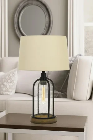 100W Ciney Glass/Metal/Pine Wood Table Lamp With 25W Night Light (Edison Bulb Included) By Cal Lighting - Black/Wood Price Drop
