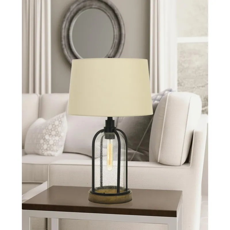 100W Ciney Glass/Metal/Pine Wood Table Lamp With 25W Night Light (Edison Bulb Included) By Cal Lighting - Black/Wood Price Drop