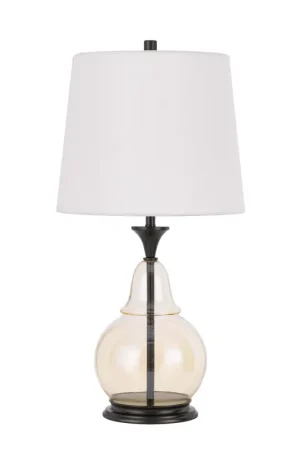150W 3 Way Kittery Glass Table Lamp With Hardback Fabric Shade By Cal Lighting - Clear/Dark Bronze Same Day Shipping