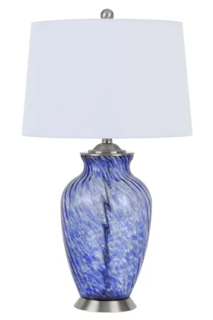 150W 3 Way Ashland Glass Table Lamp With Hardback Taper Drum Fabric Shade By Cal Lighting - Sky Blue Buy Online