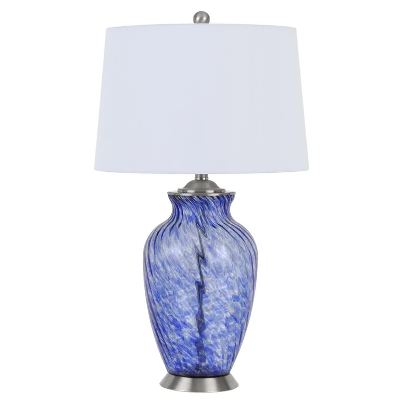 150W 3 Way Ashland Glass Table Lamp With Hardback Taper Drum Fabric Shade By Cal Lighting - Sky Blue Buy Online