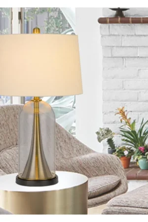 150W 3 Way Camargo Glass/Metal Table Lamp With Hardback Taper Drum Fabric Shade, Glass/Antique Brass By Cal Lighting - Glass/Antique Brass Price Cut