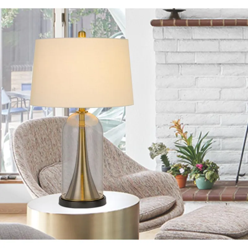 150W 3 Way Camargo Glass/Metal Table Lamp With Hardback Taper Drum Fabric Shade, Glass/Antique Brass By Cal Lighting - Glass/Antique Brass Price Cut