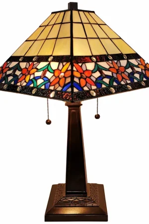 23" Stained Glass Two Light Mission Style Table Lamp with Floral Glass Wholesale