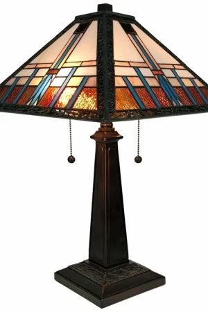 23" Cream Amber and Teal Stained Glass Two Light Mission Style Table L Weekend Sale