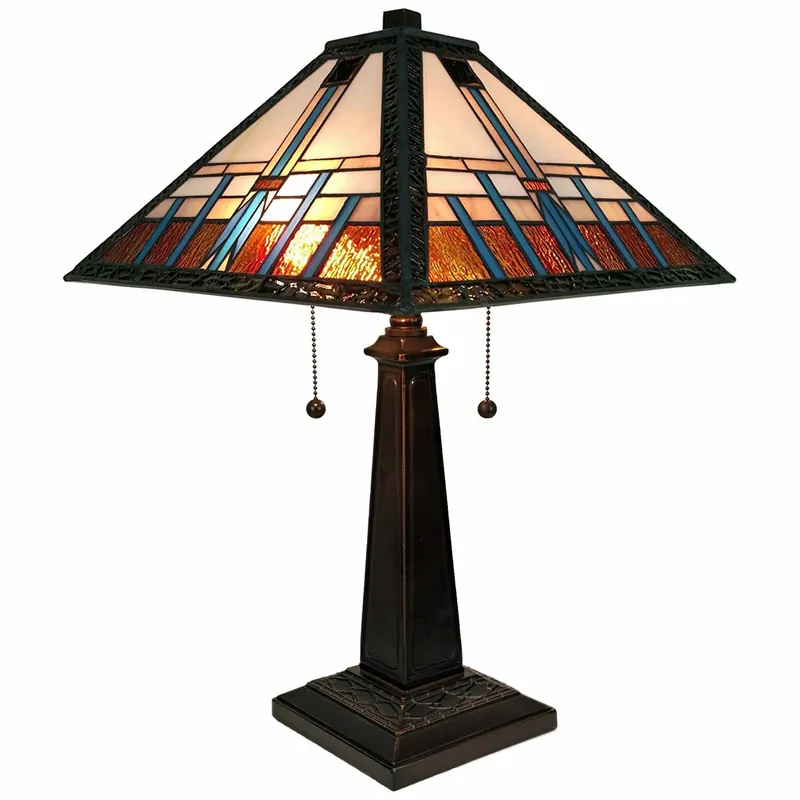23" Cream Amber and Teal Stained Glass Two Light Mission Style Table L Weekend Sale